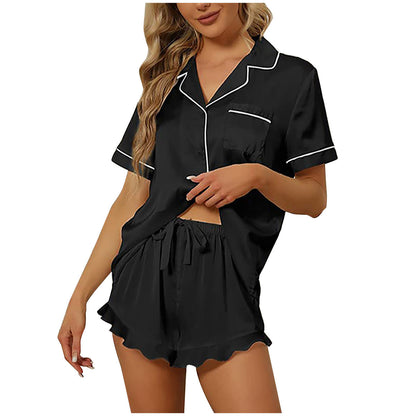 Conjunto de pijama de dos piezas para mujer, informal, de satén de seda, con mangas cortas y cuello en V, pantalones cortos con volantes