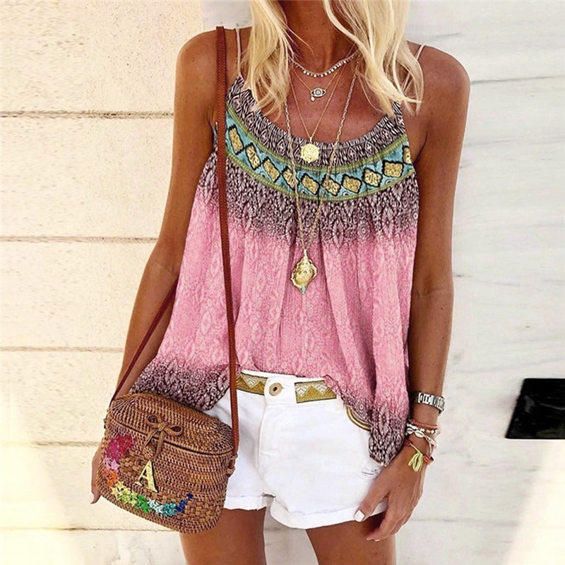 Women Vintage Casual Summer Sleeveless Loose Bohemian Print Tank Top