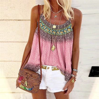 Women Vintage Casual Summer Sleeveless Loose Bohemian Print Tank Top