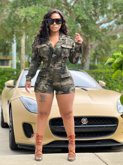 Women'S Fashion Casual Camouflage Printing Lapel Cargo Long Sleeve Romper