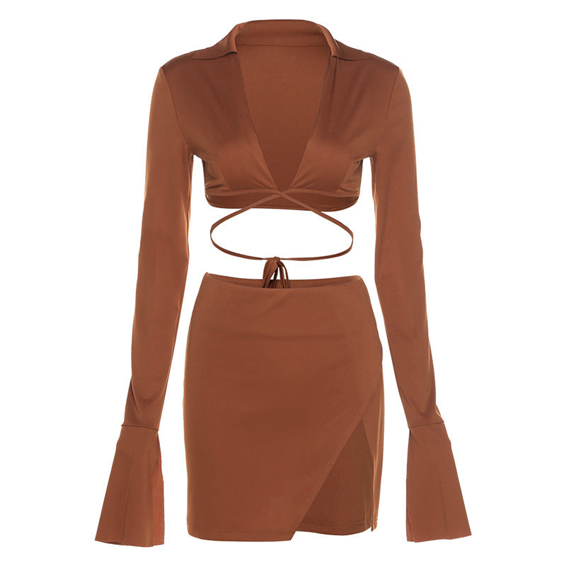 Traje informal de dos piezas para mujer, con top corto de manga larga con cordones y falda con abertura en la cadera