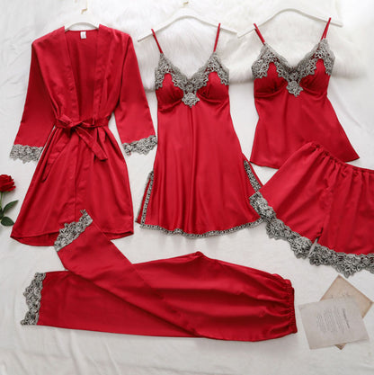 Conjunto de pijama de cinco piezas para mujer, elegante, informal, con bloques de color, de satén, sin mangas y pantalones cortos