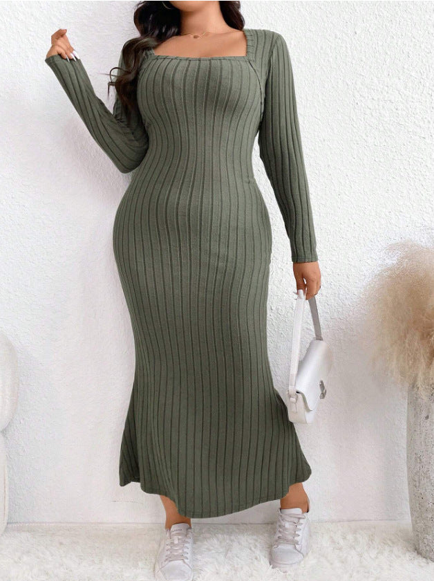 Women Fashion Casual Plus Size Square Collar Rib Knitted Long Sleeve Fishtail Dress