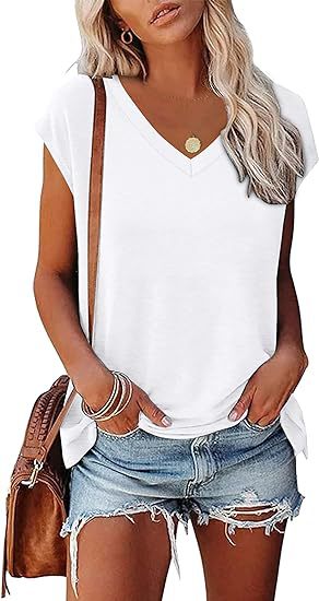 Camiseta informal de verano para mujer, con cuello en V, color liso, de manga corta y sin mangas