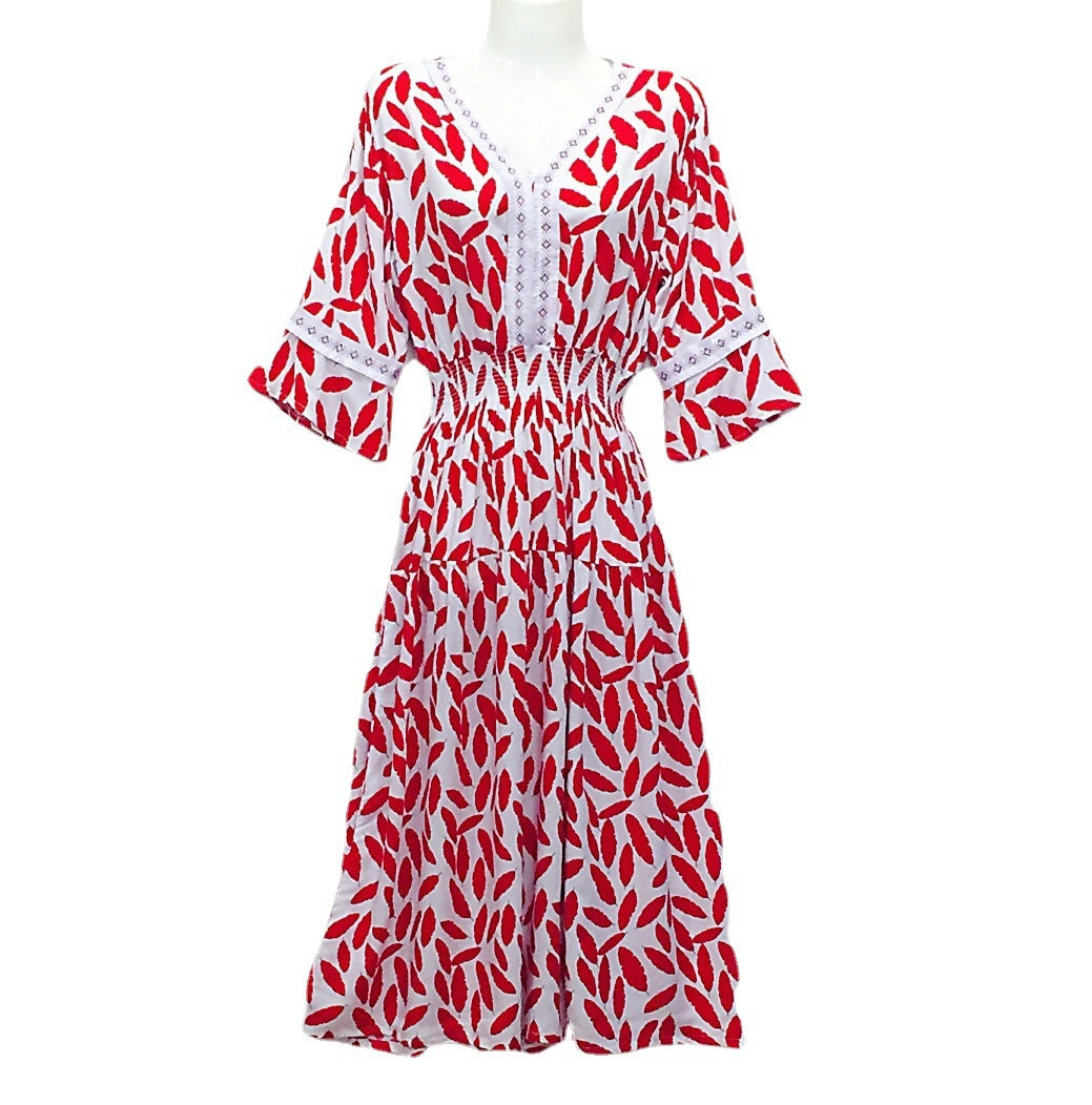 Vestido midi holgado informal de verano con cuello en V y mangas acampanadas para mujer