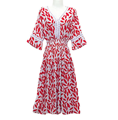 Vestido midi holgado informal de verano con cuello en V y mangas acampanadas para mujer