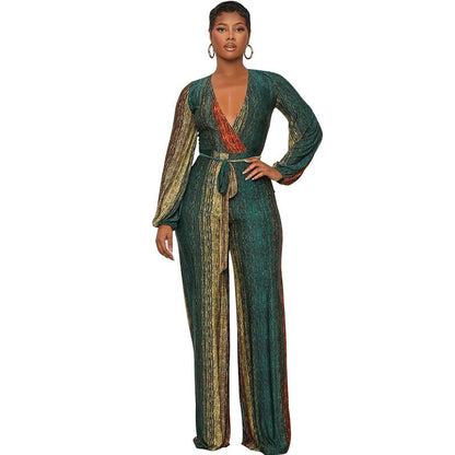 Women Fashion Casual V-Neck Long-Sleeved Straight Jumpsuit