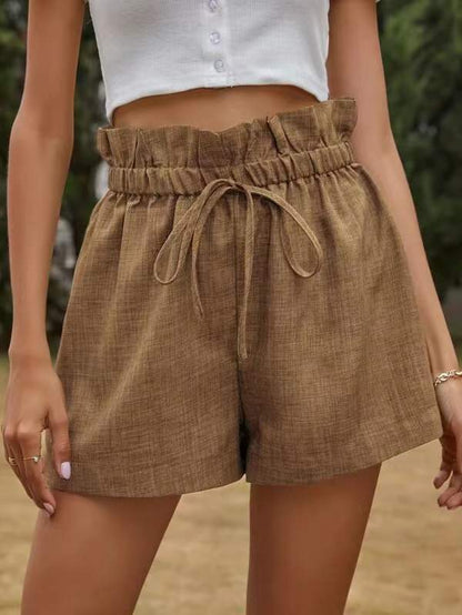 Summer Women Casual Solid Color High Waist Lace-Up Loose Shorts