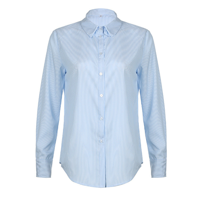 Camisa de manga larga con solapa y rayas informal sencilla para mujer