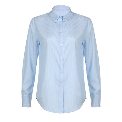 Camisa de manga larga con solapa y rayas informal sencilla para mujer