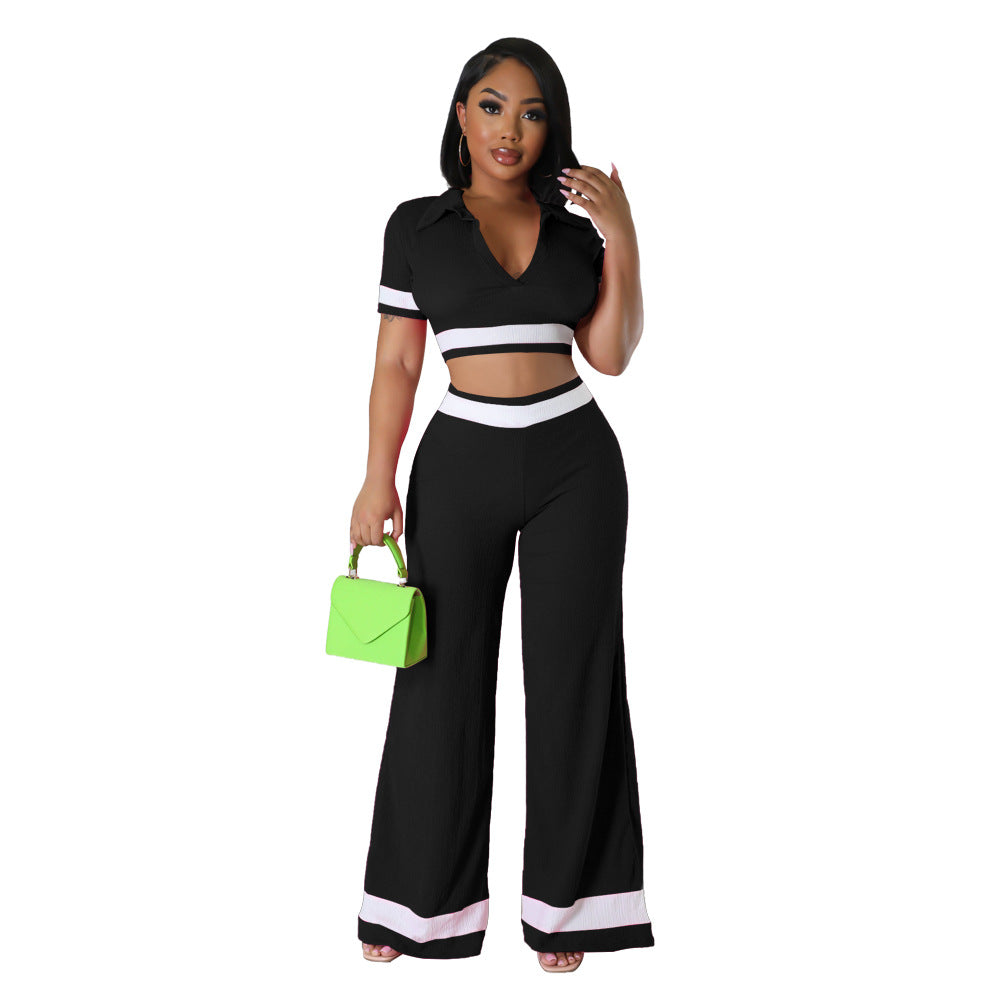 Conjunto de dos piezas de top corto y pantalones cortos de manga corta con bloques de color para mujer