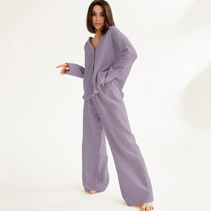 Conjunto de pijama de dos piezas para mujer, informal, holgado, de algodón, color liso, blusa y pantalones para el hogar