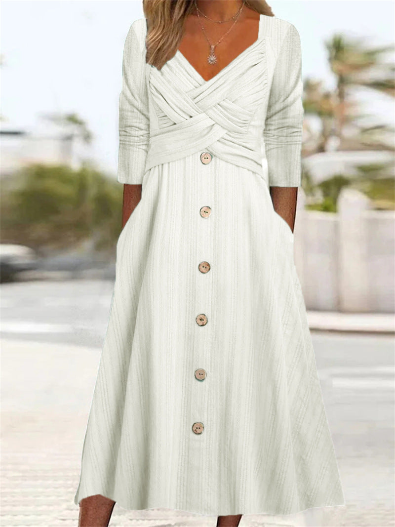 Casual Fashion Women Solid Color V Neck Cross Design Buttoned Maxi Dress