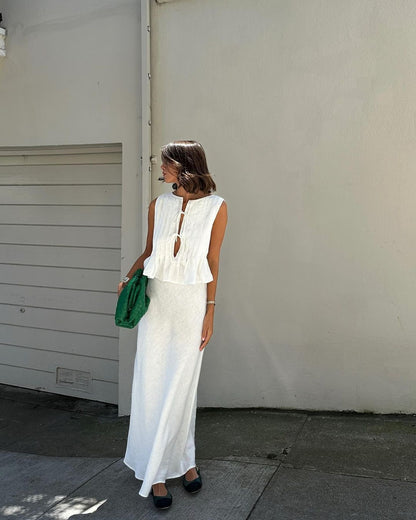Conjunto de dos piezas formado por top y falda con tirantes, sin mangas, de lino y algodón, informal, de verano para mujer