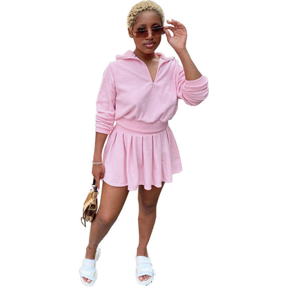Women Fashion Casual Solid Color Velvet V-Neck Long-Sleeve Top Pleated Skirt Two-Piece Set