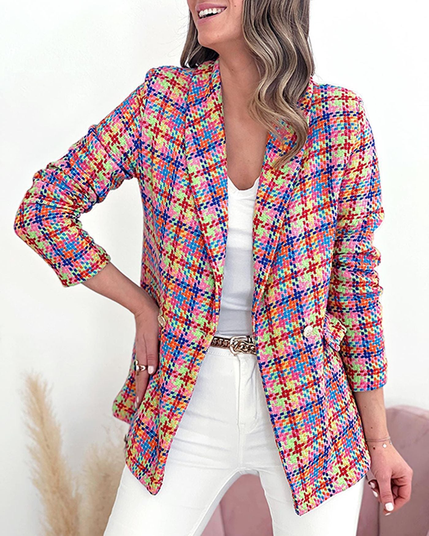 Chaqueta blazer cruzada con estampado a cuadros de manga larga informal para mujer