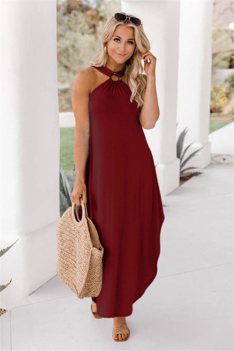 Spring And Summer Strapless Casual Comfortable Halter Neck Long Pocket Dress