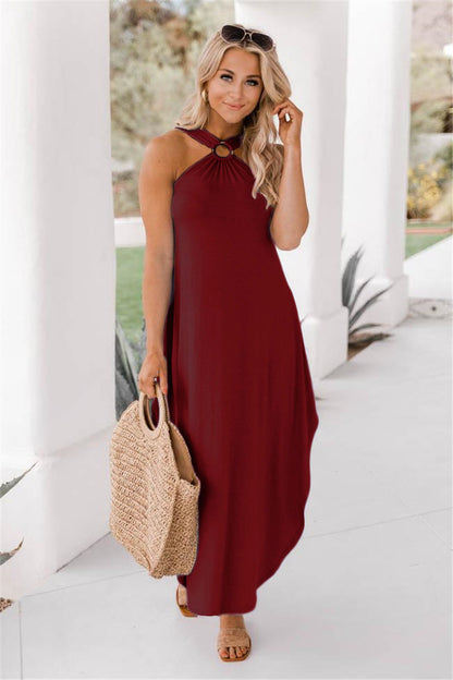 Spring And Summer Strapless Casual Comfortable Halter Neck Long Pocket Dress