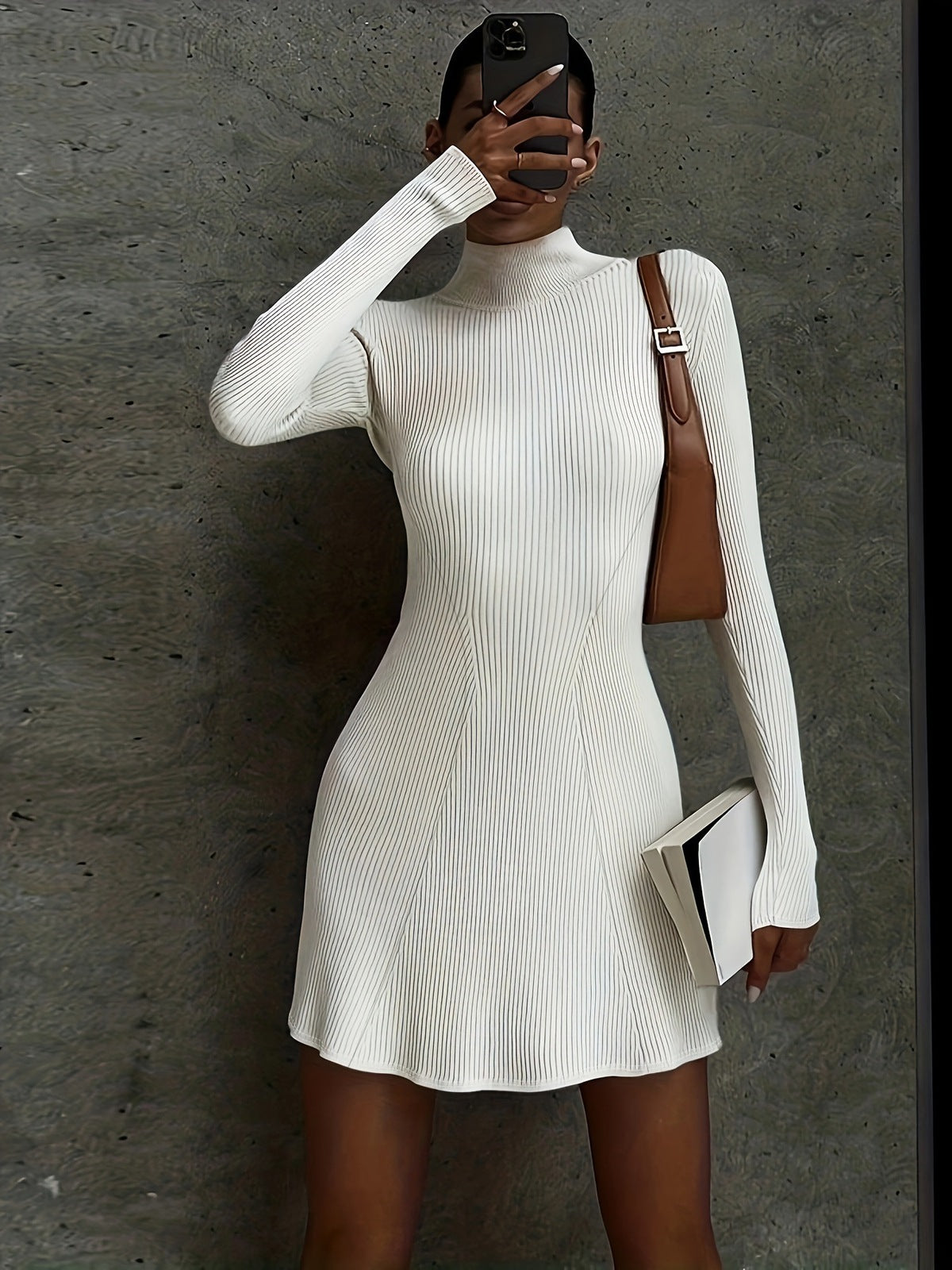 Vestido ajustado de punto de manga larga de color liso informal para mujer de otoño e invierno