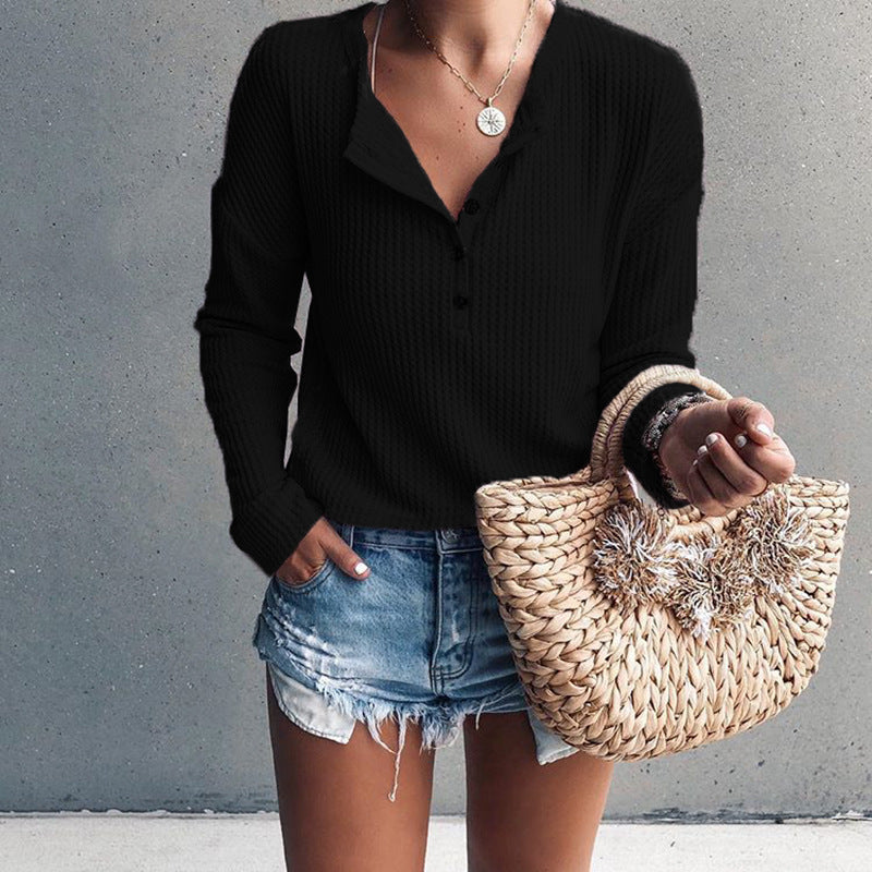 Autumn Winter Women Casual Solid Buttoned Long Sleeve Top