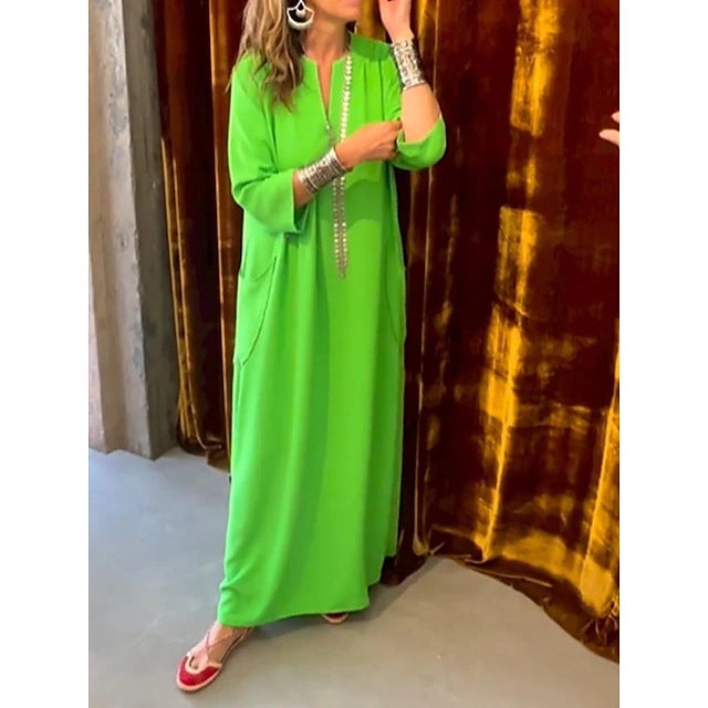 Vestido largo informal de oficina con bolsillos y escote en V, manga corta, holgado y elegante, de color liso, para mujer