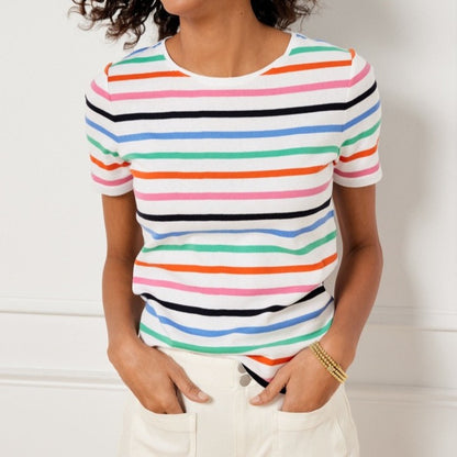 Camiseta informal de manga corta con cuello redondo y rayas para mujer