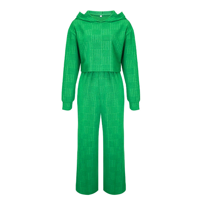 Conjunto de dos piezas informal de color liso con capucha y pantalones de pierna ancha de manga larga para mujer