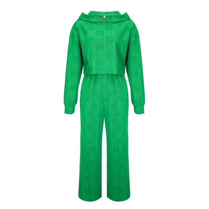 Conjunto de dos piezas informal de color liso con capucha y pantalones de pierna ancha de manga larga para mujer