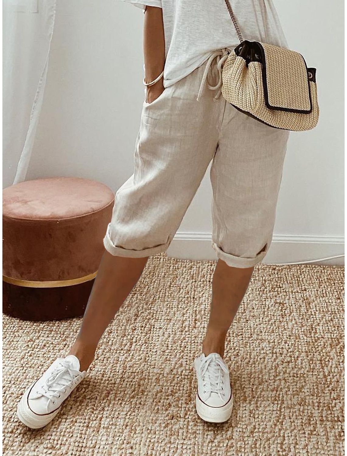 Women Casual Cotton And Linen Solid Color Pocket Pants