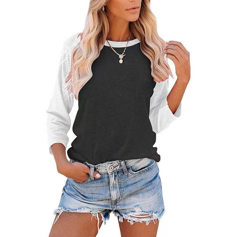 Camiseta informal de manga larga con cuello redondo y contraste de colores para mujer