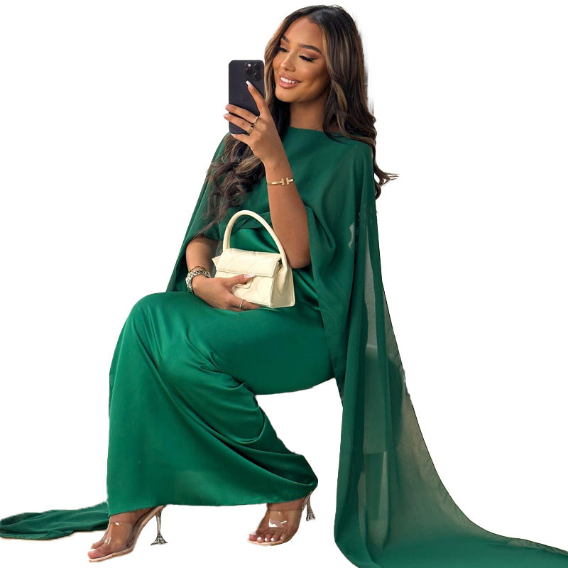 Women Fashion Casual Solid Color Round Neck Loose Abaya Chiffon Maxi Dress