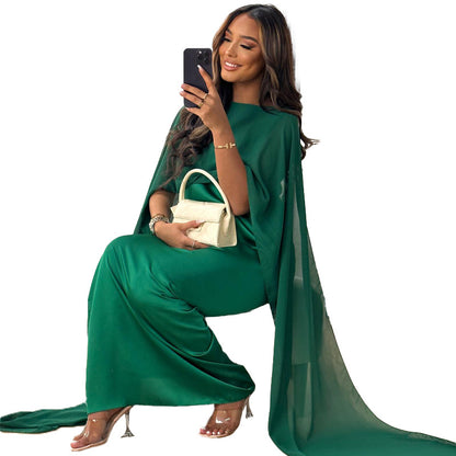 Women Fashion Casual Solid Color Round Neck Loose Abaya Chiffon Maxi Dress