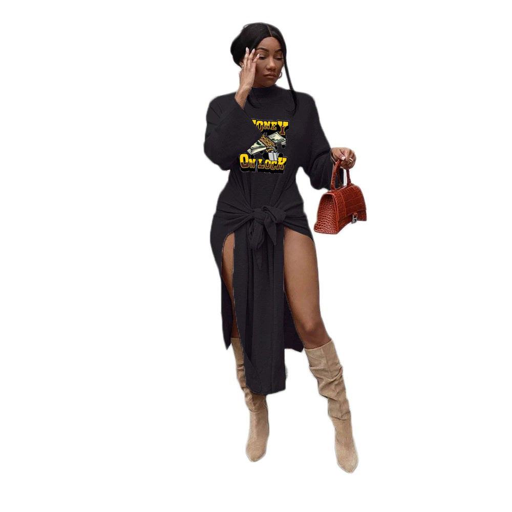 Women Casual Style Letter Cash Printing Pullover Rib-Knit Mid-Waist Bandage Dress