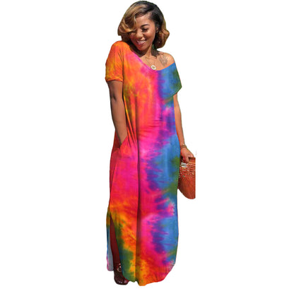 Women Casual Short Sleeves Tie Dye Fashion V Neck Loose Side-slit Maxi Dress