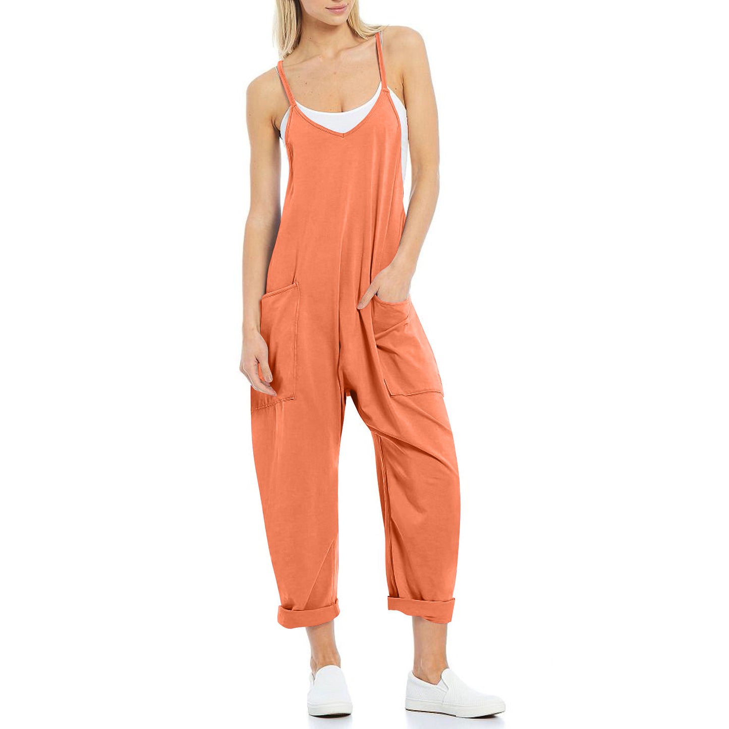 Women Casual Solid Color Pocket V Neck Loose Spaghetti Strap Jumpsuit