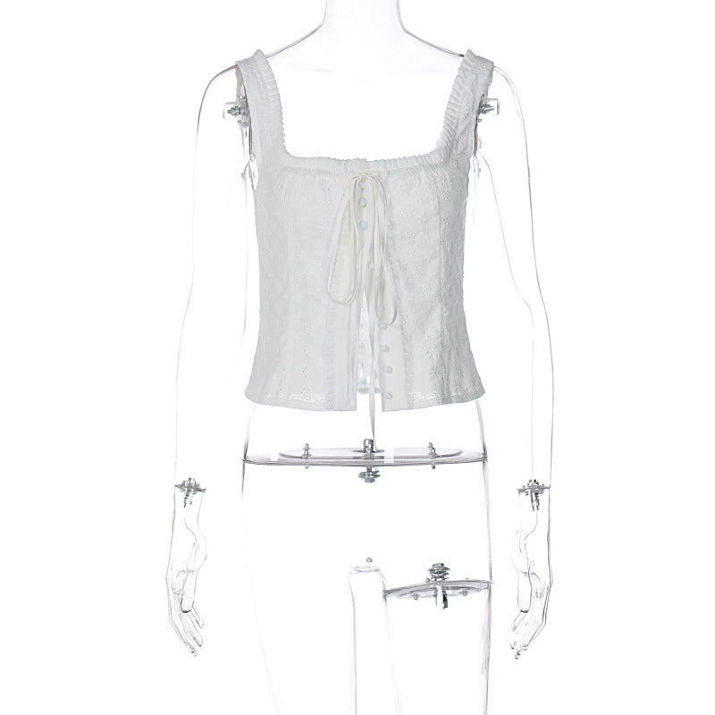 Women Fashion Casual Elegant Lace Square Neck Drawstring Slim-Fit Tank Top