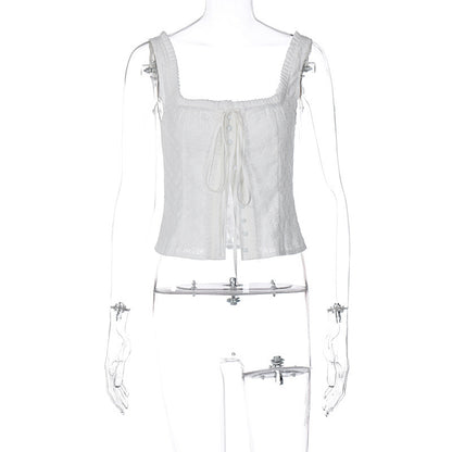 Women Fashion Casual Elegant Lace Square Neck Drawstring Slim-Fit Tank Top