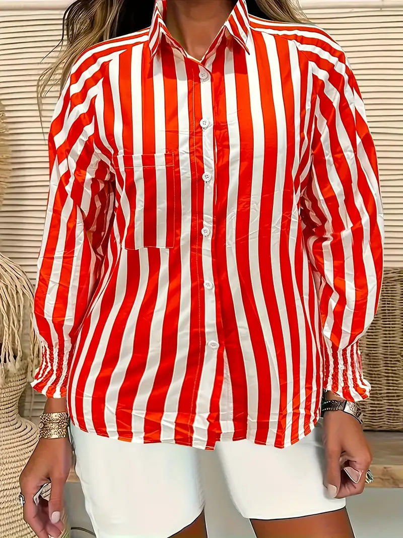 Blusa informal holgada de manga larga con solapa y rayas de talla grande para mujer