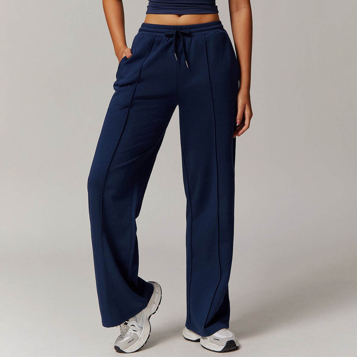 Women Fashion Casual Solid Color High Waist Loose Sports Pants
