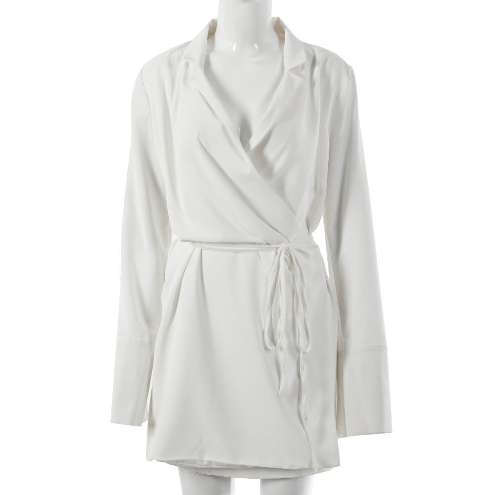 Women Solid Color Lapel V-Neck Long Sleeve Chiffon Waist Loose Casual Dress