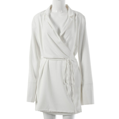 Women Solid Color Lapel V-Neck Long Sleeve Chiffon Waist Loose Casual Dress