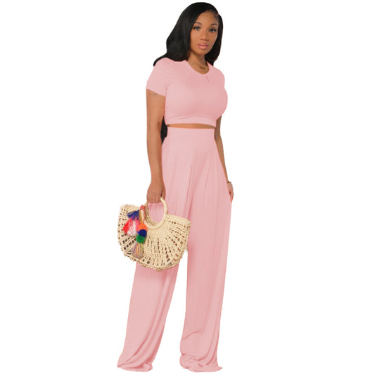 Conjunto de dos piezas de top corto y pantalón de color liso, manga corta, color naranja, informal y vanguardista para mujer