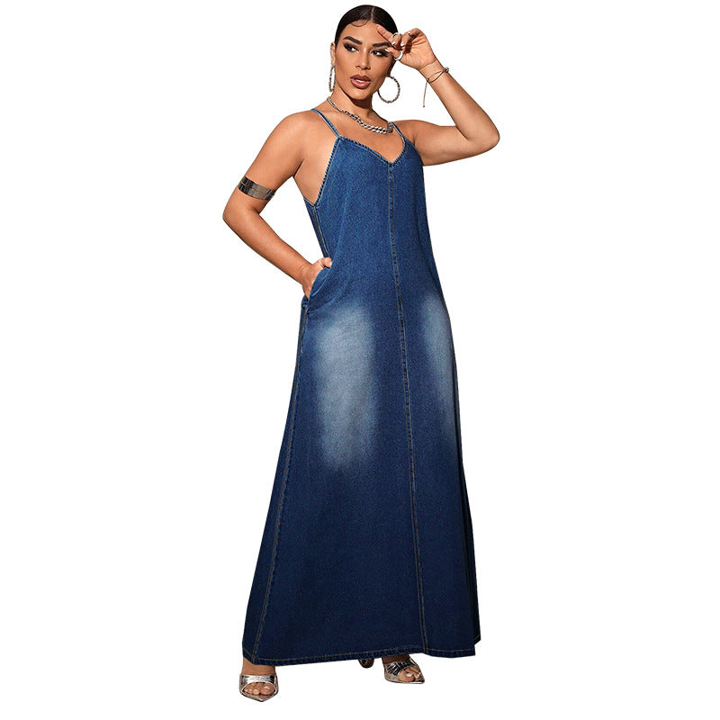 Women Fashion Casual Simple Sleeveless Camisole Denim Dress