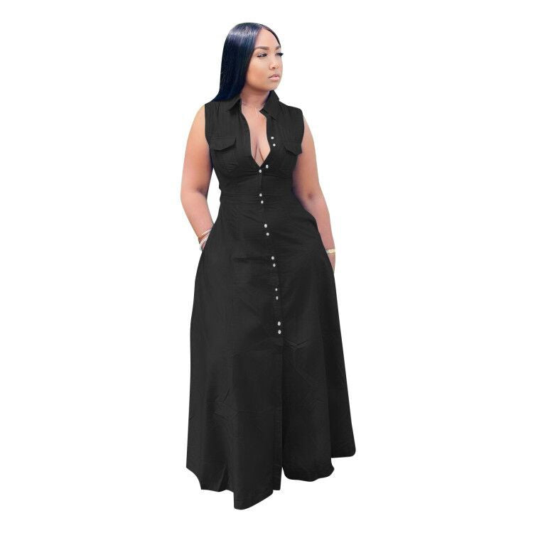 Women Fashion Casual Plus Size Solid Color Lapel Sleeveless Maxi Dress