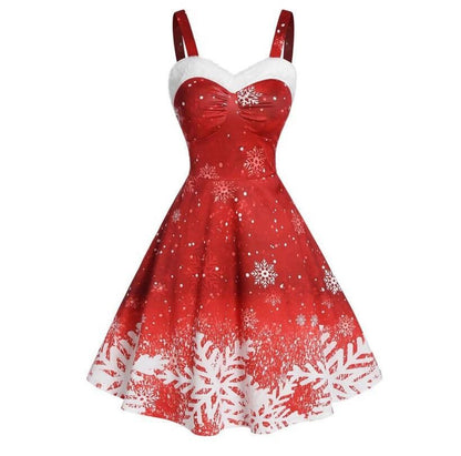 Women Fashion Casual Christmas Snowflake Print Wide Strap Swing Dress