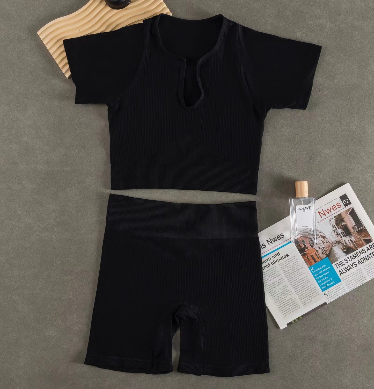 Women Fashion Casual Solid Color Sports Yoga Short Sleeve Top Shorts Set