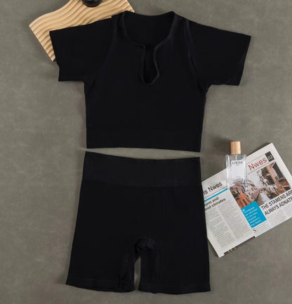 Women Fashion Casual Solid Color Sports Yoga Short Sleeve Top Shorts Set