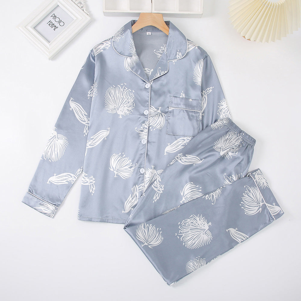 Conjunto de pijama informal de manga larga con solapa y estampado de plumas para mujer