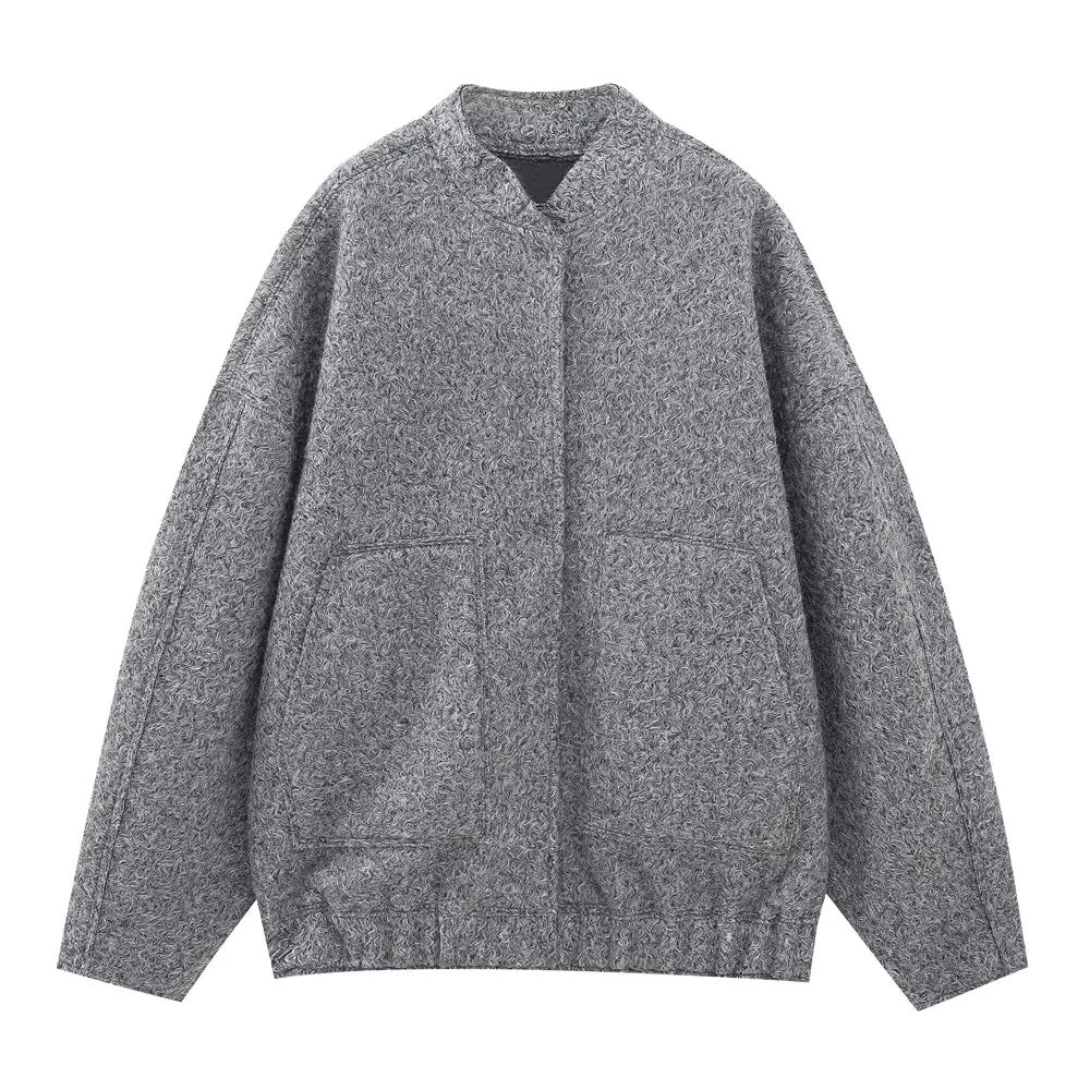 Chaqueta holgada informal de color liso con cuello alto para mujer