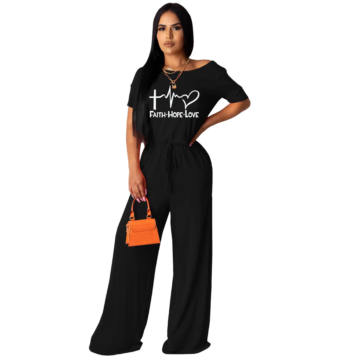 Women Casual Short Sleeves Faith Letter Graphic Print Bandage Straight Jumpsuits